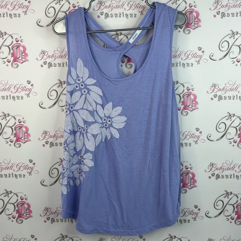 Ricki's tank top flower criss cross top shirt blue Purple Floral Tank Top